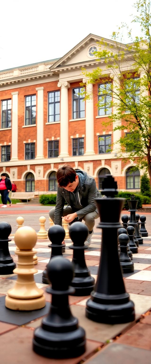 Person playing chess on the ground.