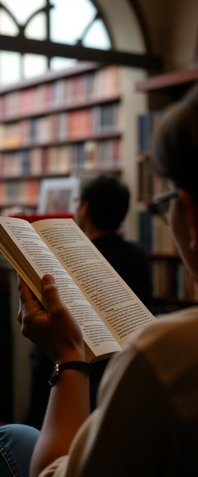 Person reading a book in the library.